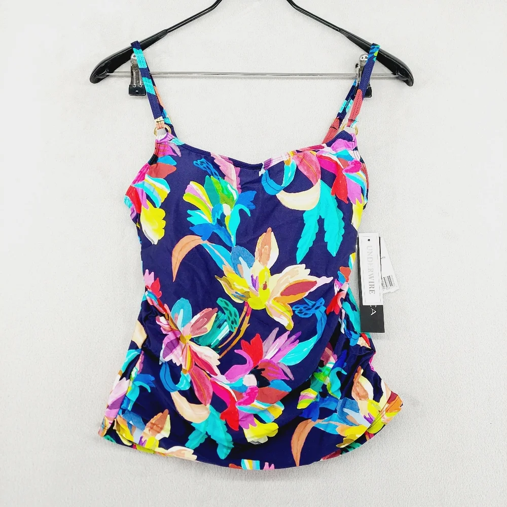 New La Blanca INDIGO Square Neck Ruched Underwire Tankini Swim Top P2904 - Picture 2 of 8